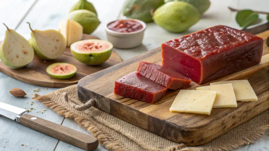 A block of guava paste with fresh guavas and cheese.