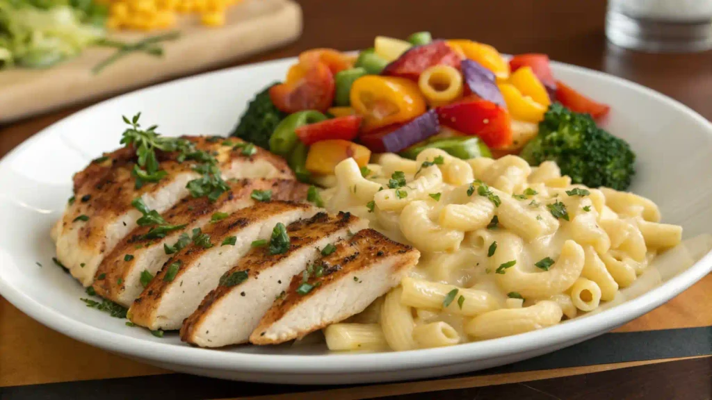 Nutritious protein mac and cheese with grilled chicken and vegetables.