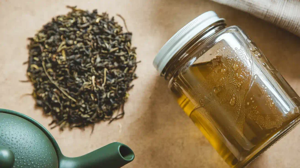 Green tea leaves, a teapot, and freshly brewed green tea ready for serving.