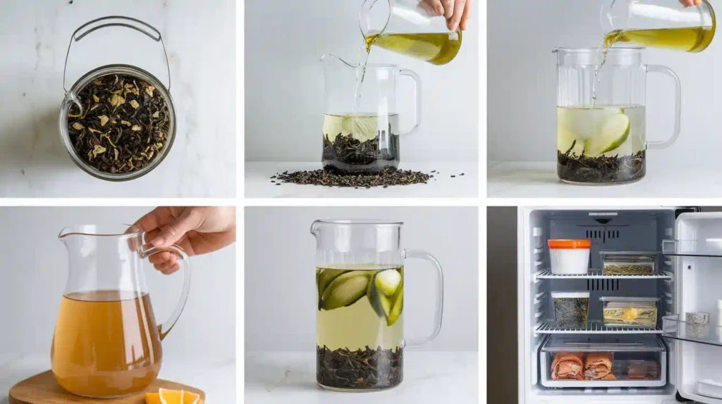 Step-by-step process of making cold brew green tea with a pitcher, tea leaves, and cold water.