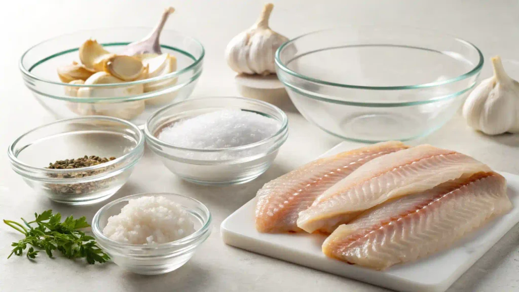 Fresh fish fillets and ingredients for fish paste