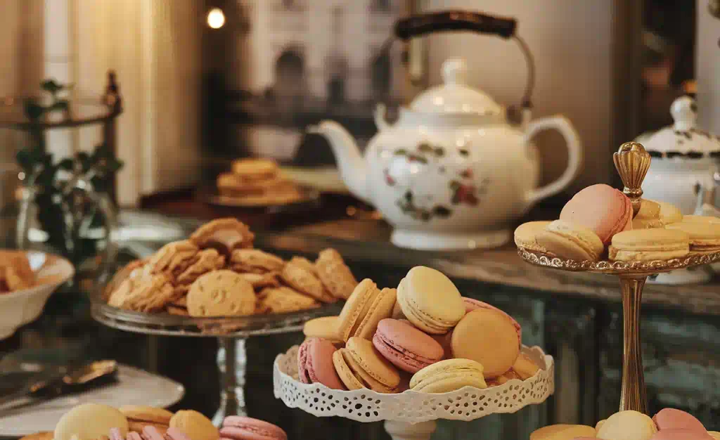 A rustic French patisserie counter displaying an assortment of French cookies, including macarons, sablés, and tuiles, with a cozy Parisian ambiance.