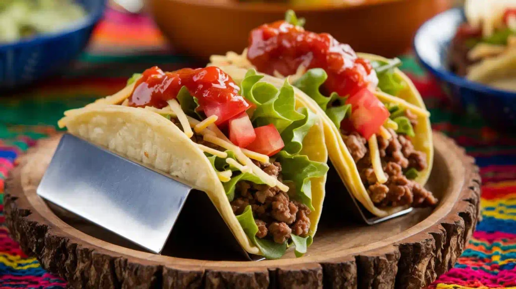 Homemade mini tacos arranged on a wooden plate