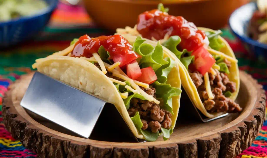 Homemade mini tacos arranged on a wooden plate