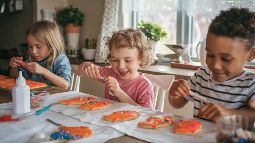 Kids decorating orange fish cookies with icing and sprinkles.