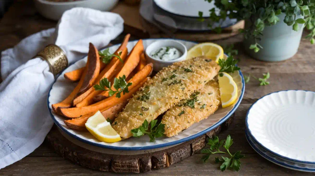 Lectin-free fish and chips recipe served on a rustic table