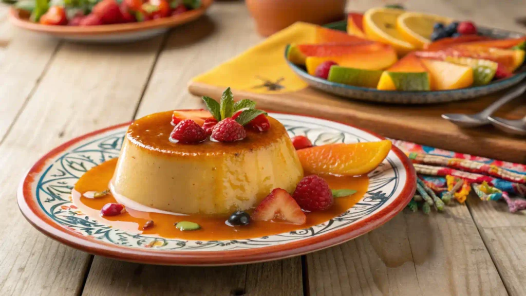  A creamy Mexican flan served on a colorful plate with caramel drizzle.