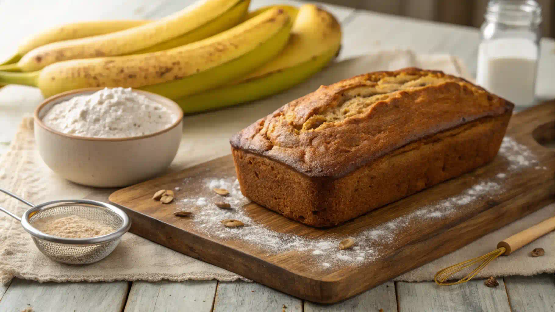 Freshly baked banana bread with ripe bananas on a wooden board.