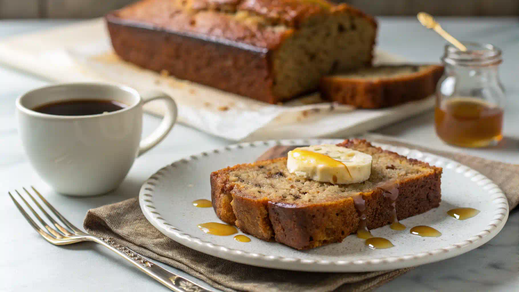 Slice of banana bread served with butter and honey.