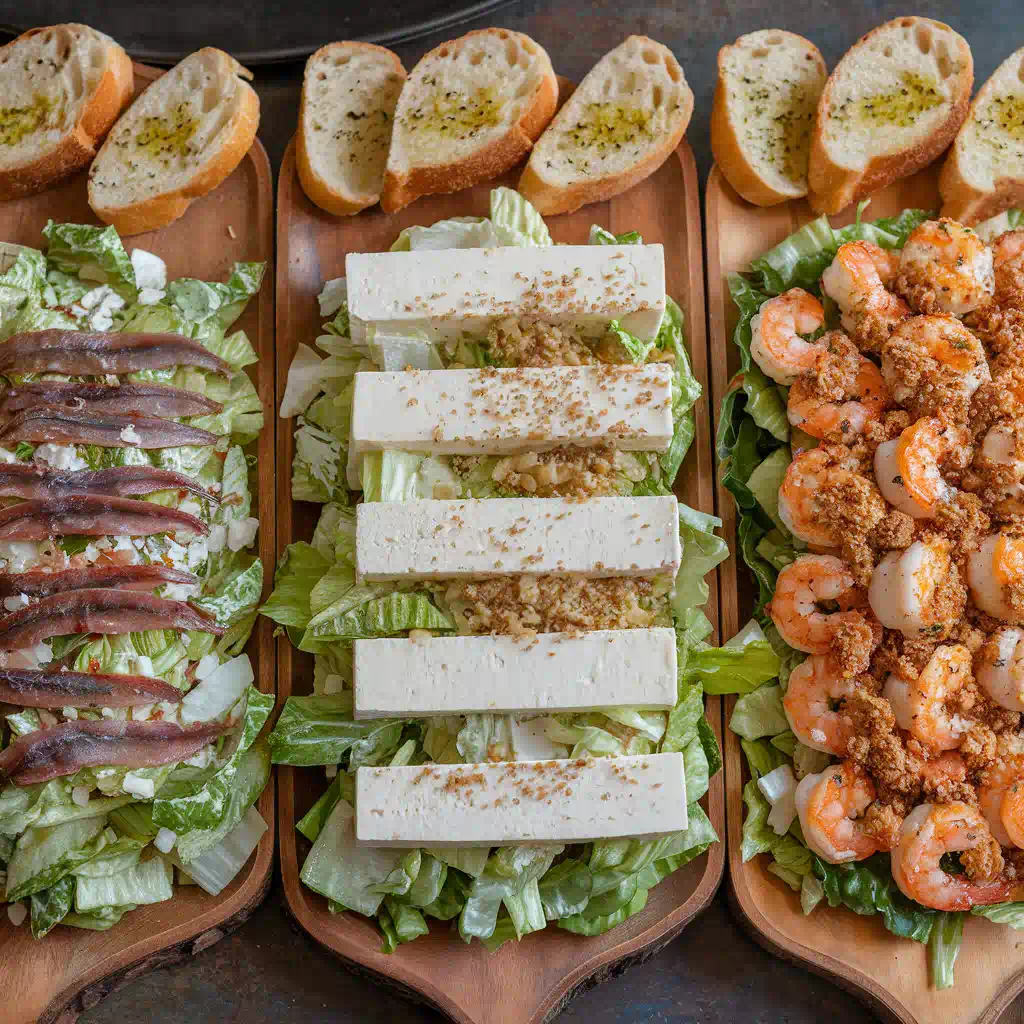 Three versions of Caesar salad: a classic with croutons, a vegan with tofu, and a hearty one with grilled shrimp arranged on wooden platters.