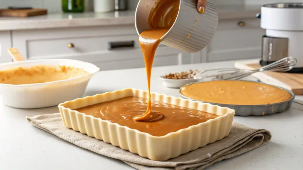 Caramel being poured into a baking dish for Flan Napolitano.