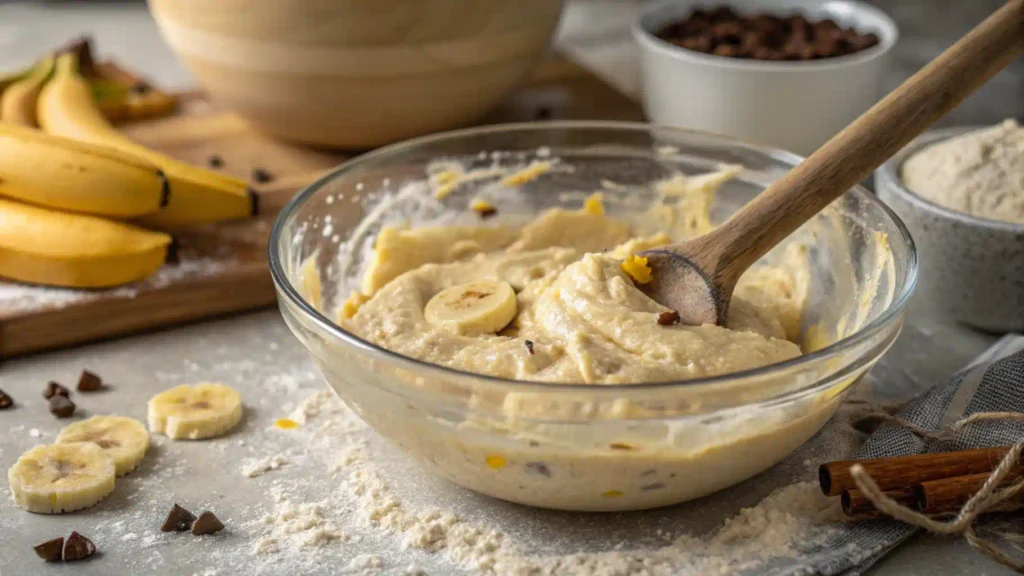 Mixing banana bread batter with visible banana pieces.