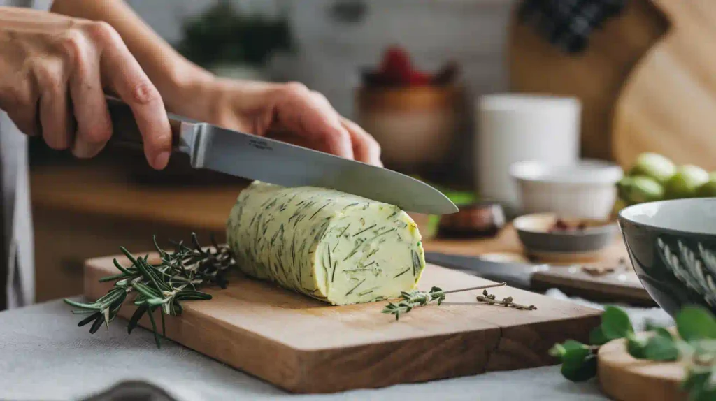 Slicing rosemary thyme butter on a cutting board.