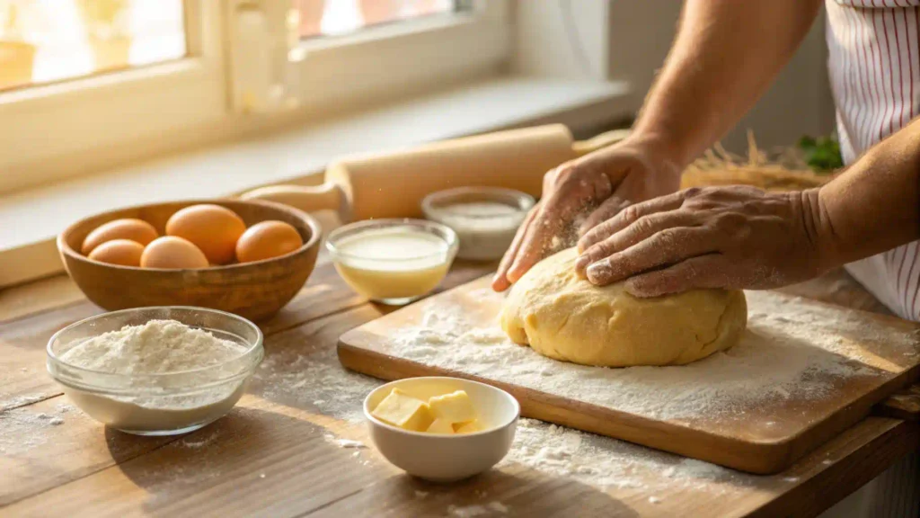 Hands kneading sourdough discard dough on a floured surface, showcasing the texture and preparation process of homemade bread.