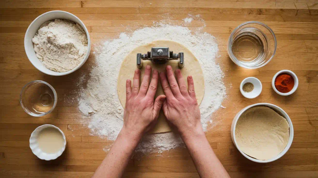  Hands pressing dough with a tortilla press for mini tacos