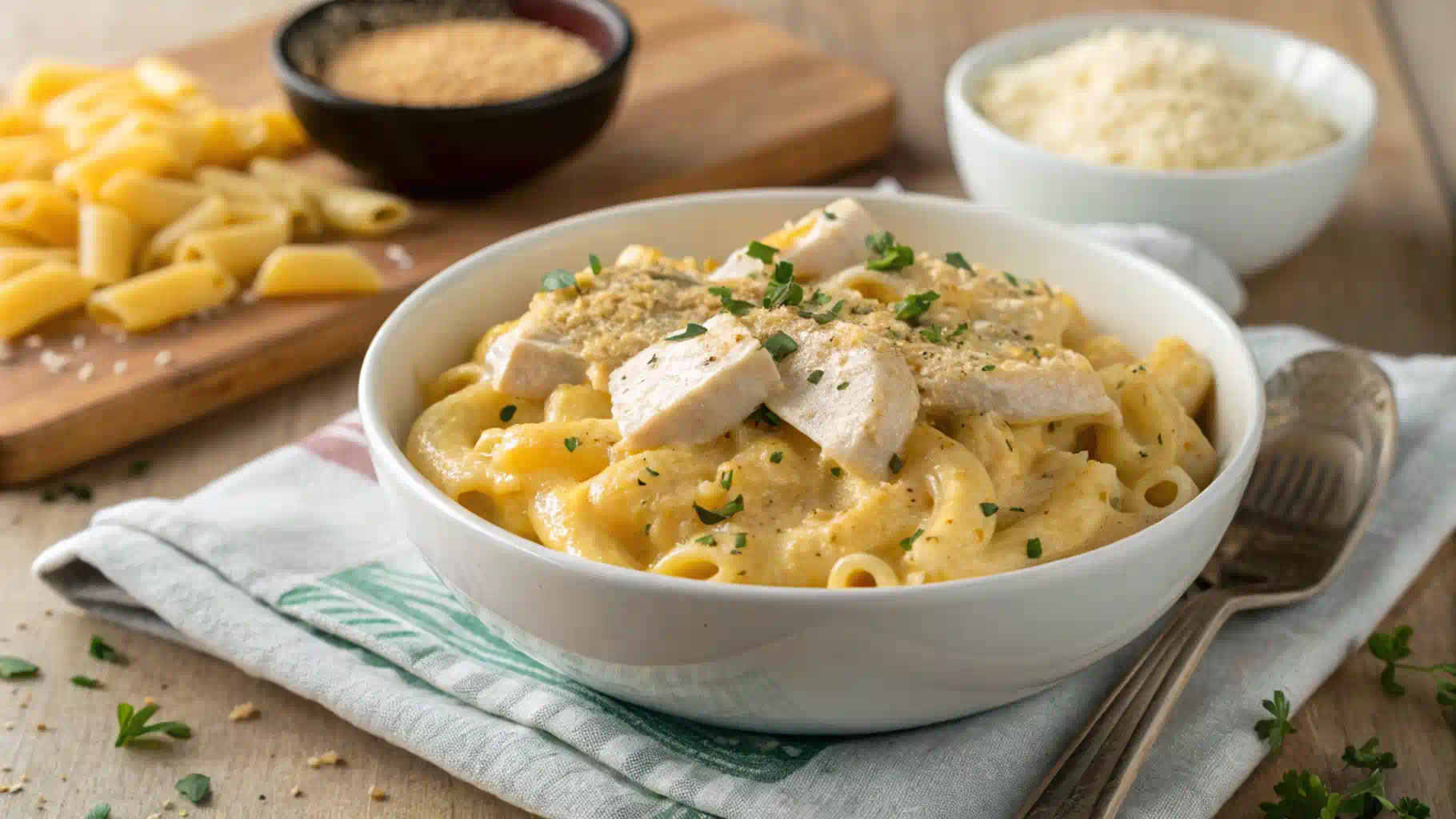 Delicious protein mac and cheese with grilled chicken, cheese sauce, and protein powder.