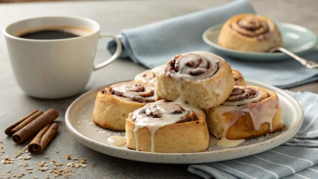 Reheated sourdough cinnamon rolls with melted icing.