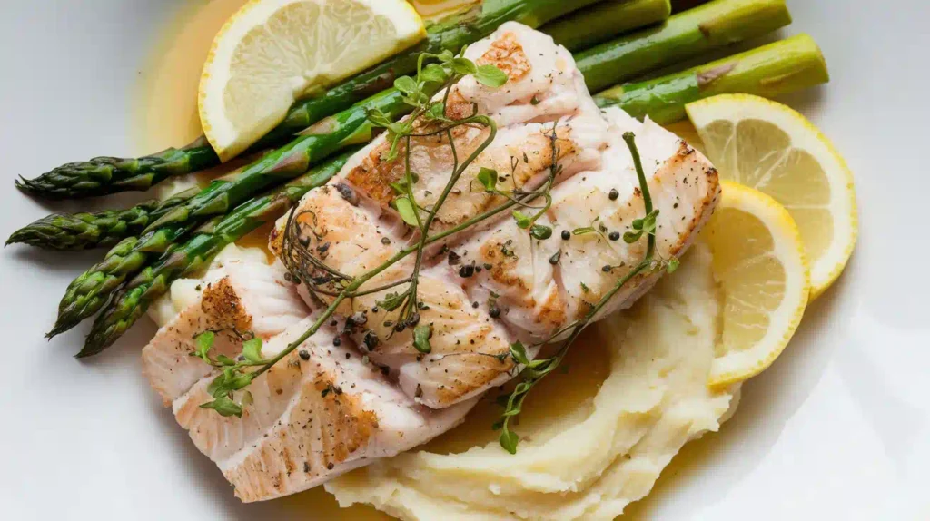 Plated rockfish fillet with asparagus and mashed potatoes.