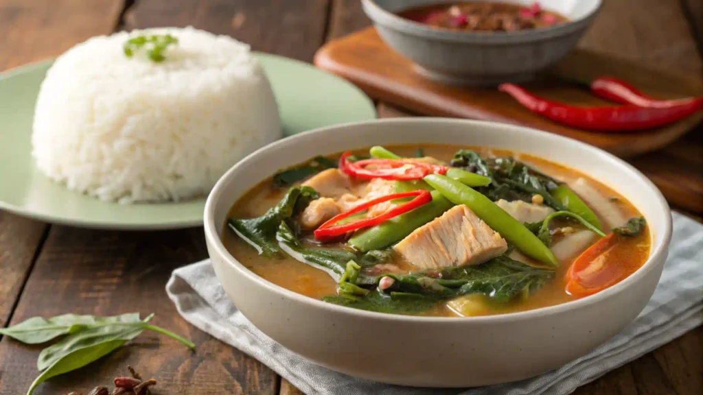 A bowl of served sinigang with green chilies and rice on the side.