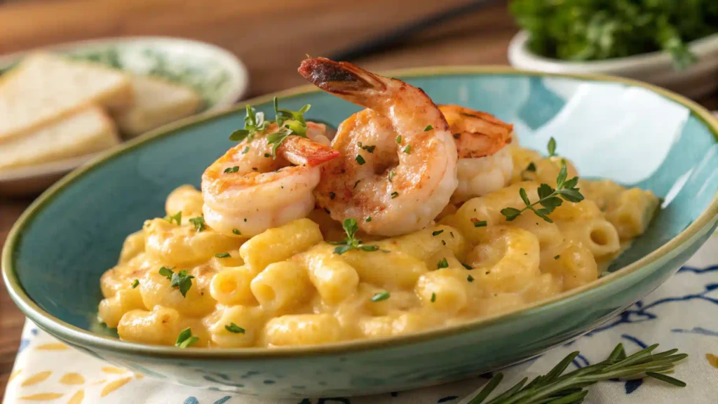 Mac and cheese with sautéed shrimp on top.