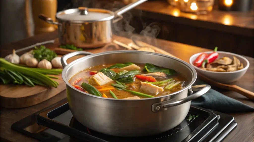 Pot of simmering sinigang with steam rising in a cozy kitchen.