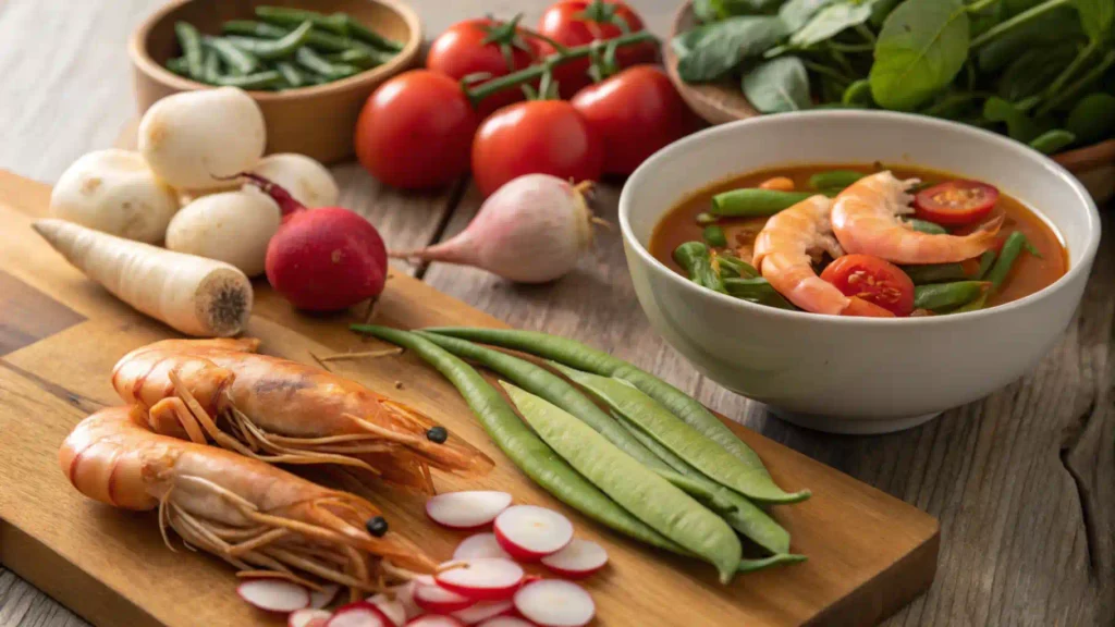 An overhead view of fresh, healthy ingredients commonly used in Filipino Sinigang, including tamarind, radish, tomatoes, eggplant, kangkong, and fish.