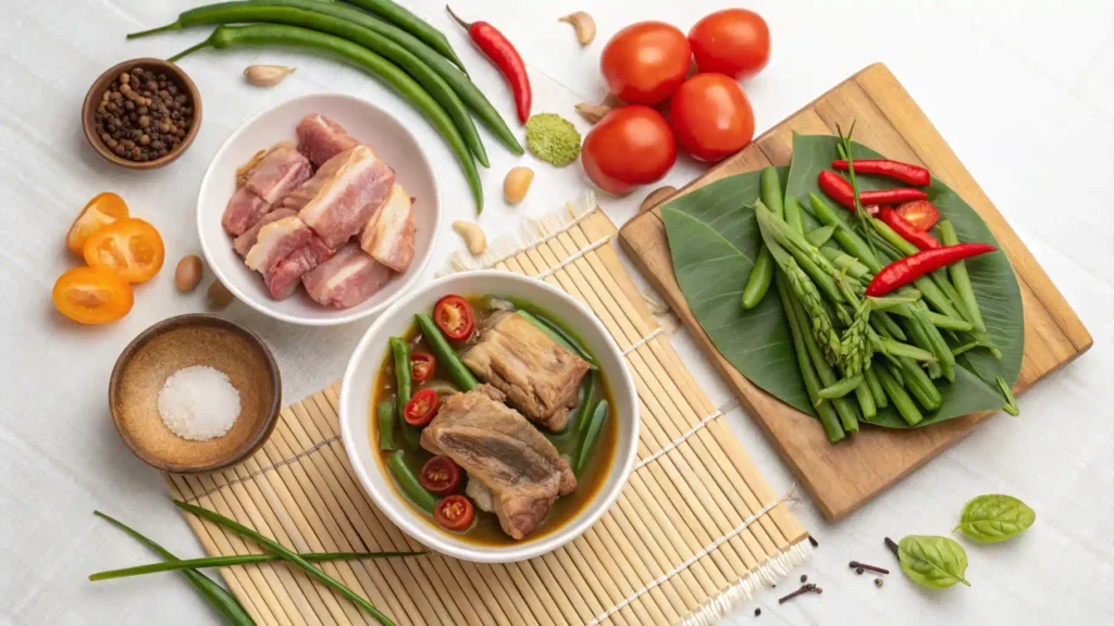 Ingredients for sinigang soup including pork, tamarind, and vegetables.