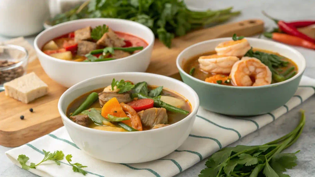 Three variations of sinigang soup: pork, shrimp, and vegetarian.