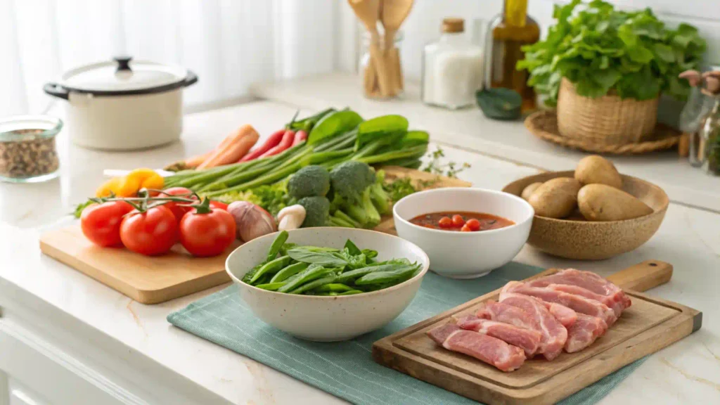 Fresh ingredients for sinigang recipe, neatly arranged on a kitchen counter.