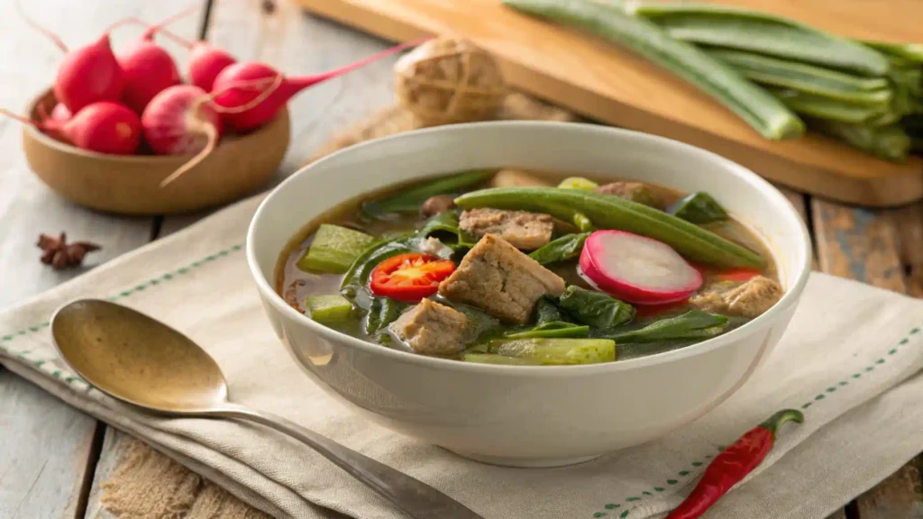 A bowl of sinigang soup with pork, vegetables, and tamarind.