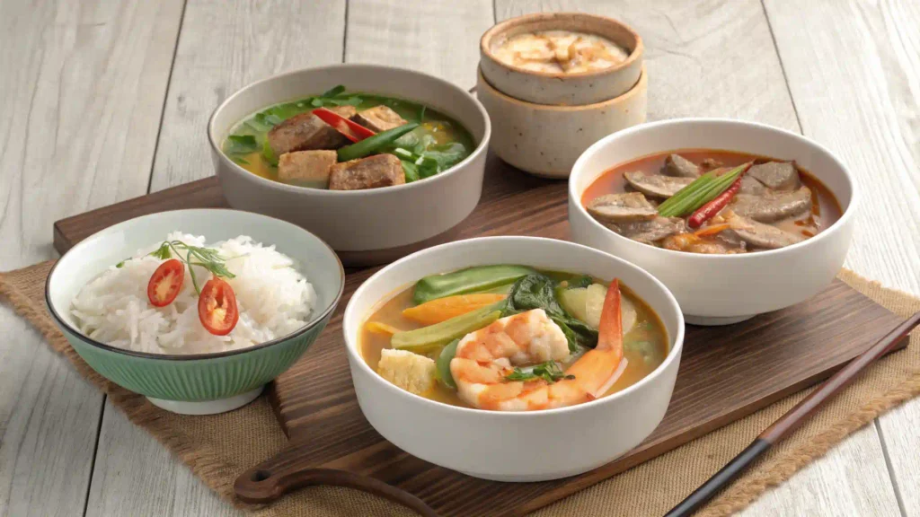 A colorful display of ingredients representing different Sinigang variants across the Philippines, highlighting regional flavors and unique combinations.