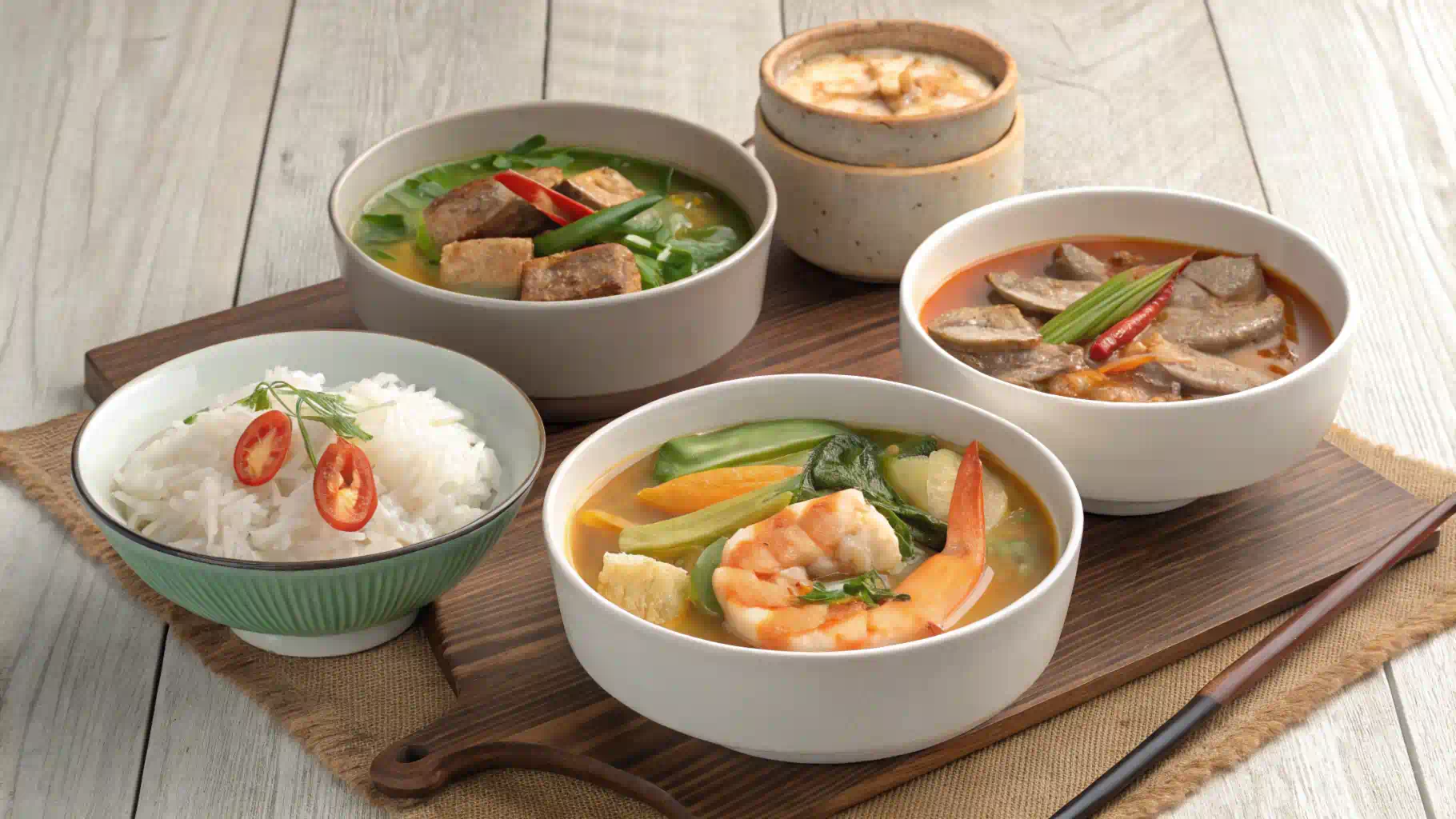 An assortment of Sinigang ingredients showcasing regional variations in the Philippines, featuring different vegetables, proteins, and souring agents.