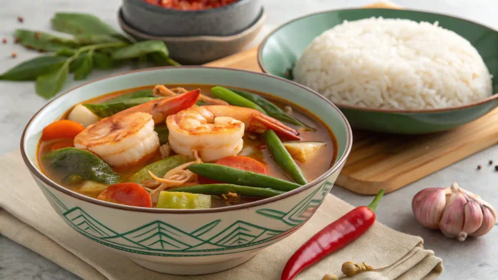 A plated Sinigang dish with shrimp, vibrant vegetables, and a tangy broth, highlighting the freshness and flavors of this Filipino favorite.