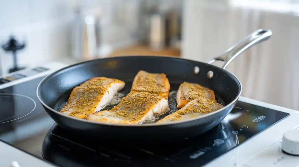 Sizzling fish fillets coated in seasoning in a frying pan