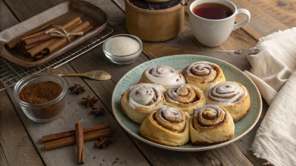 Plate of sourdough discard cinnamon rolls with icing on a rustic wooden table.