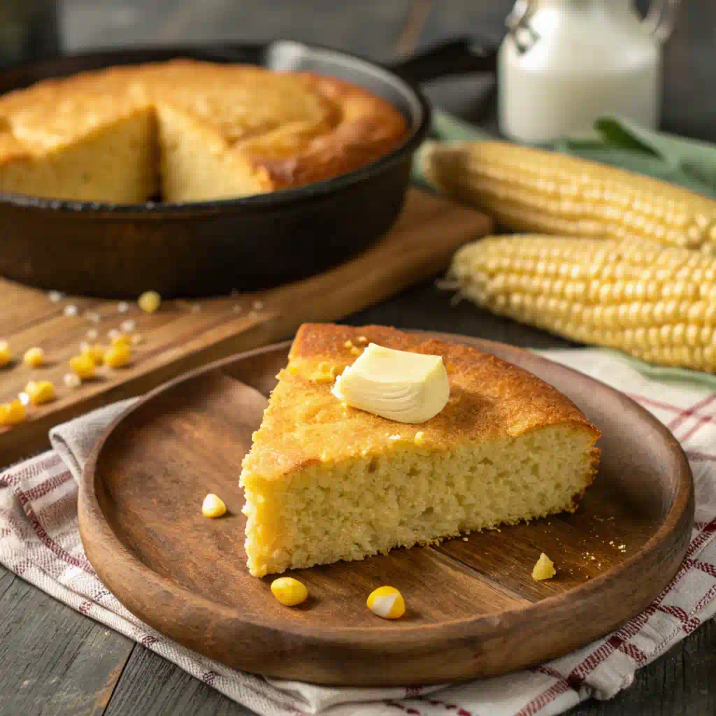 Golden slice of Southern cornbread with butter on a plate.