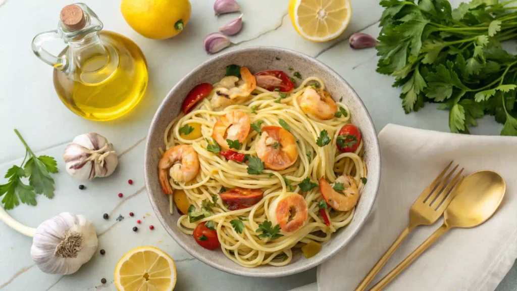 Spaghettini pasta served three ways on a rustic table.