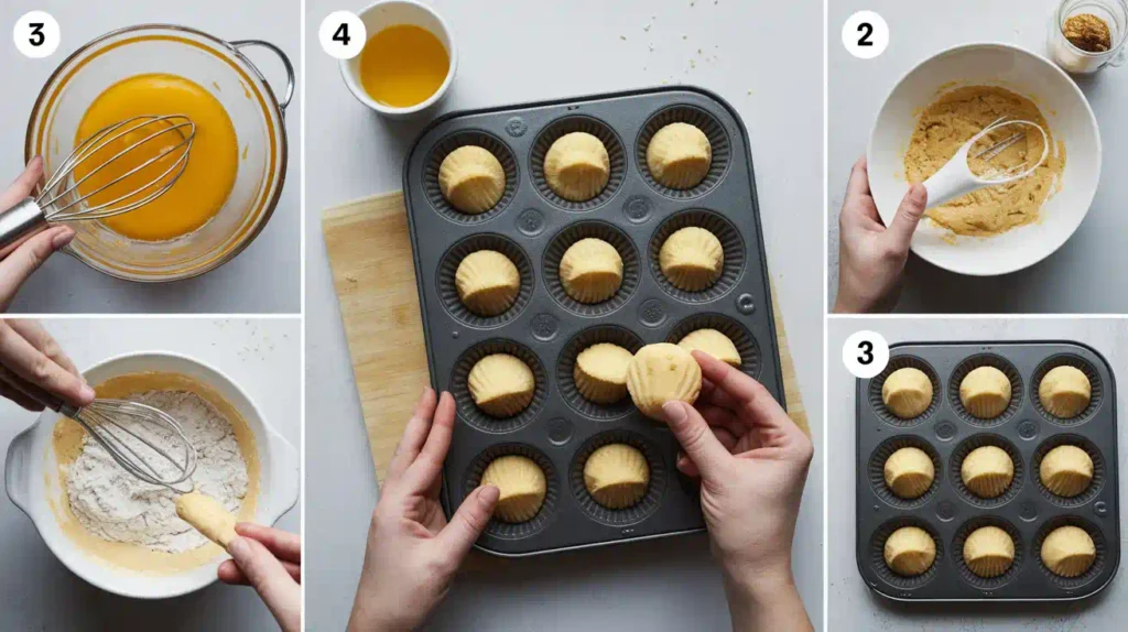 Step-by-step process of making madeleine cookies, including mixing batter, chilling, and baking.