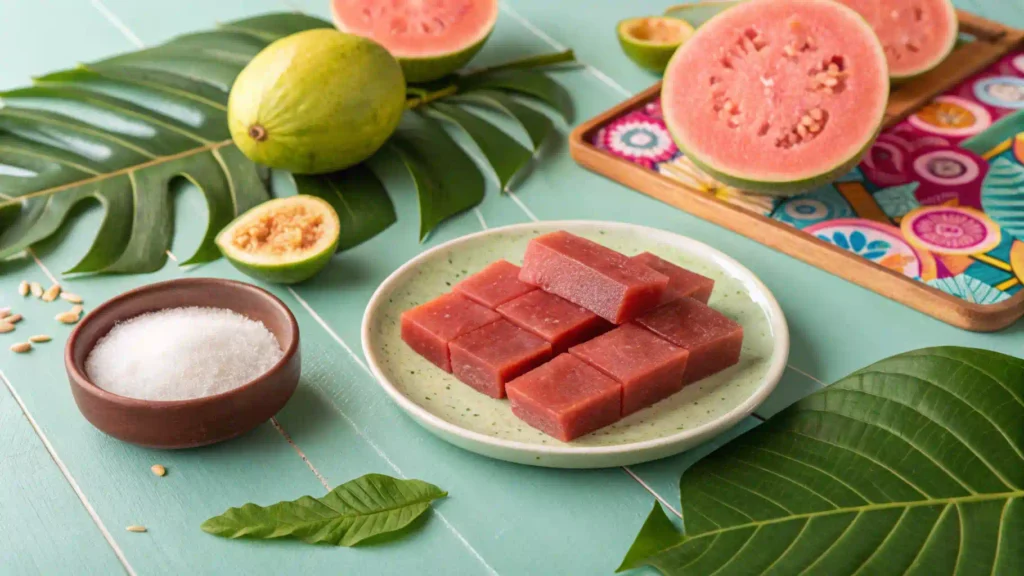 Guava paste with tropical fruits and leaves.