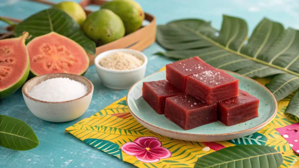 A vibrant display of tropical guava paste, neatly sliced and arranged on a white platter, surrounded by fresh guavas and decorative leaves.