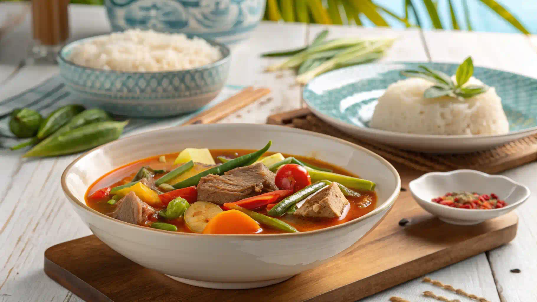 A plated sinigang dish with vibrant vegetables and tangy broth.