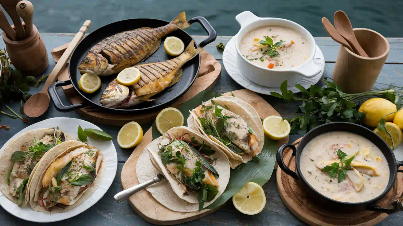 A variety of rockfish dishes on a table with fresh herbs and lemon.