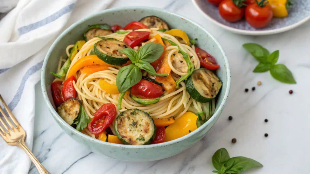 Vegan spaghettini pasta bowl with roasted vegetables.