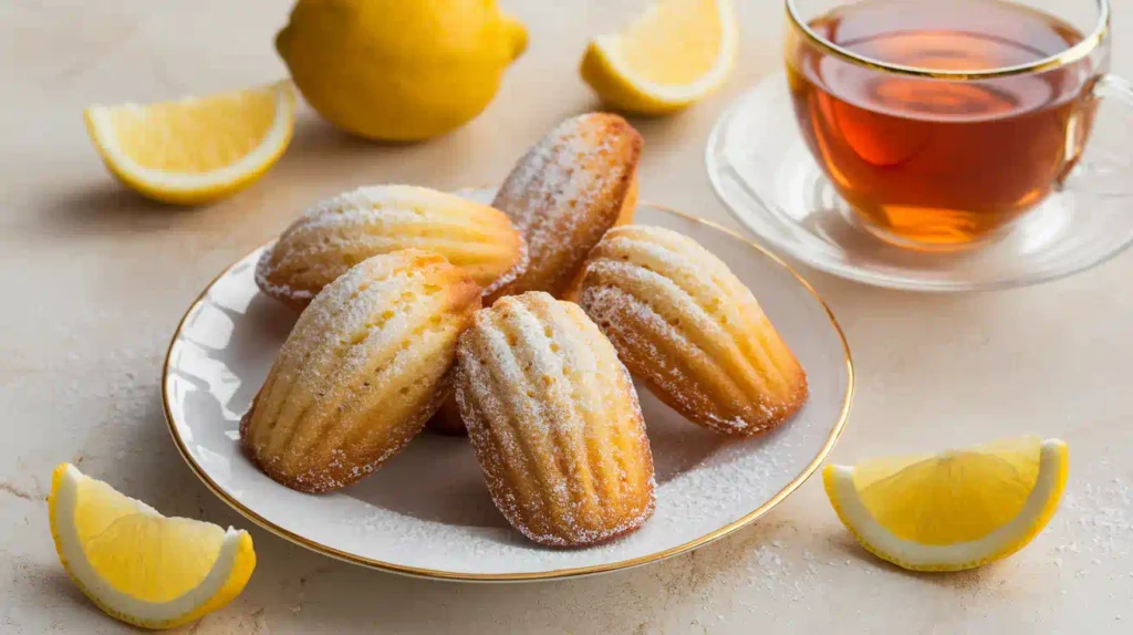 Golden madeleine cookies on a white plate with a cup of tea and lemon slices.