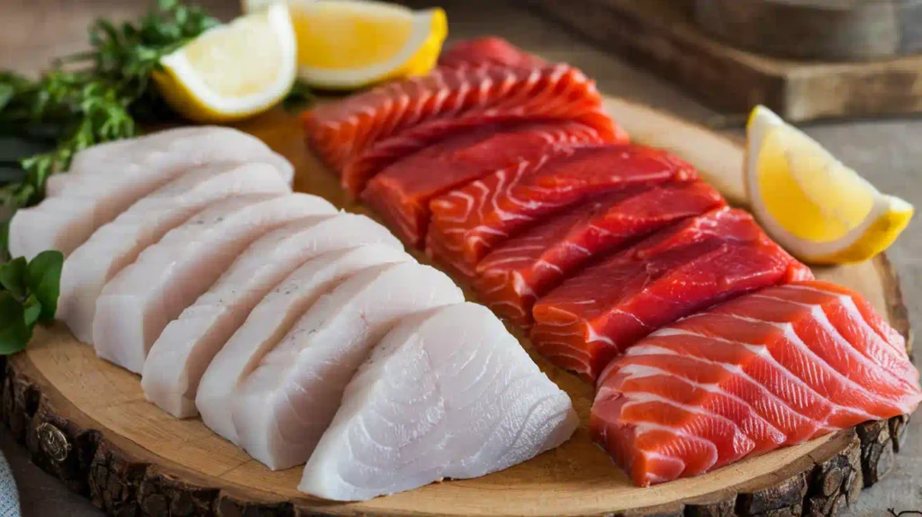 Laminogram of fresh fish species, contrasting white fish with light, flaky flesh and black fish with dark, dense textures.