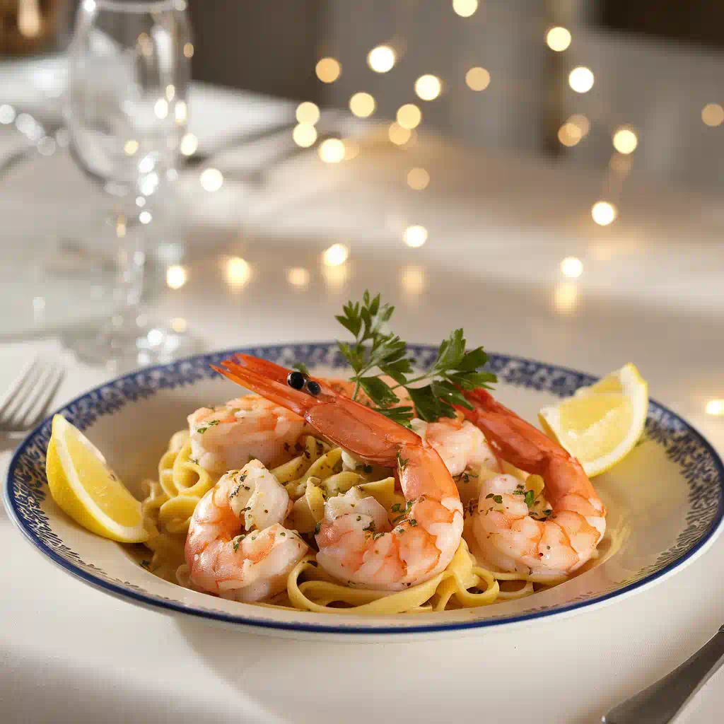 A beautifully plated Shrimp Scampi with succulent shrimp in a buttery garlic sauce over linguine, garnished with fresh parsley and lemon wedges. The elegant table setting features soft, warm lighting, creating a cozy atmosphere."