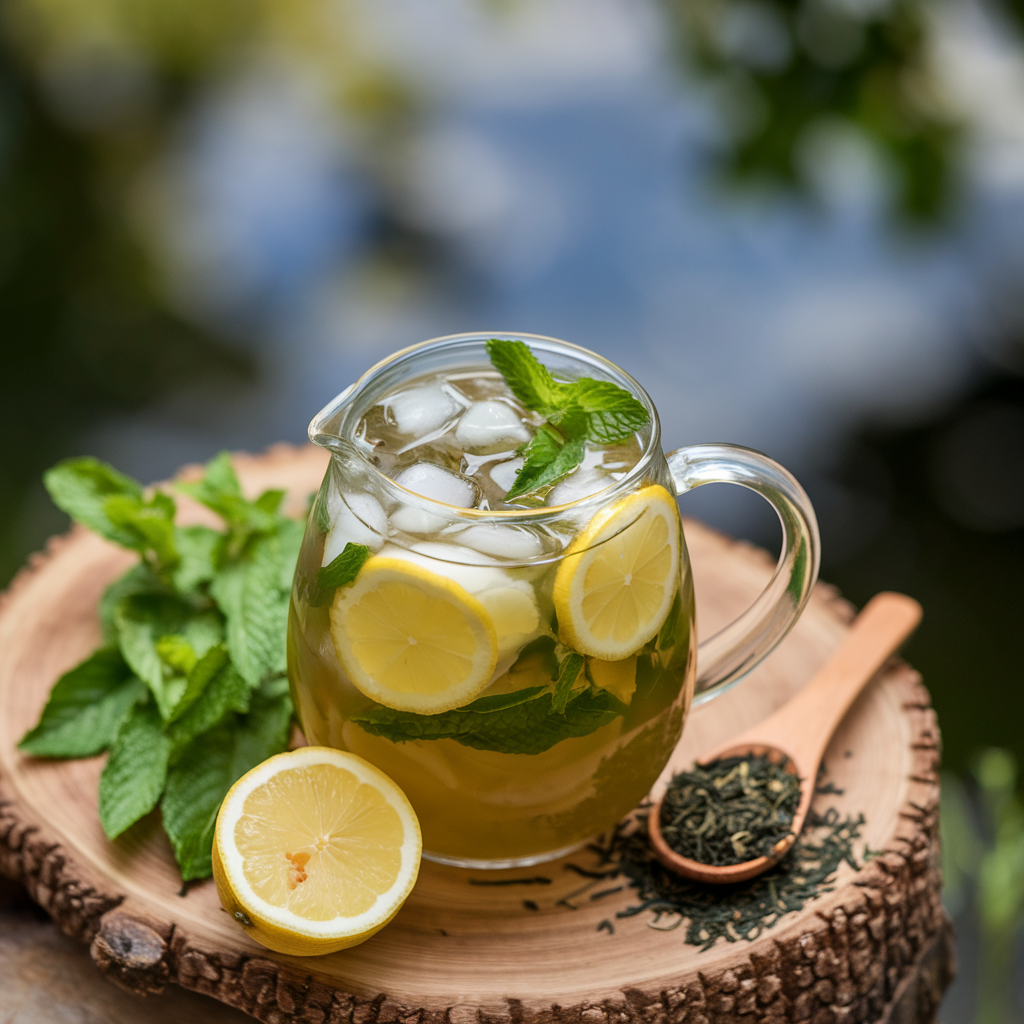 A glass pitcher of iced green tea with lemon, mint, and ice cubes, surrounded by fresh tea leaves and a wooden spoon with loose green tea on a wooden table.