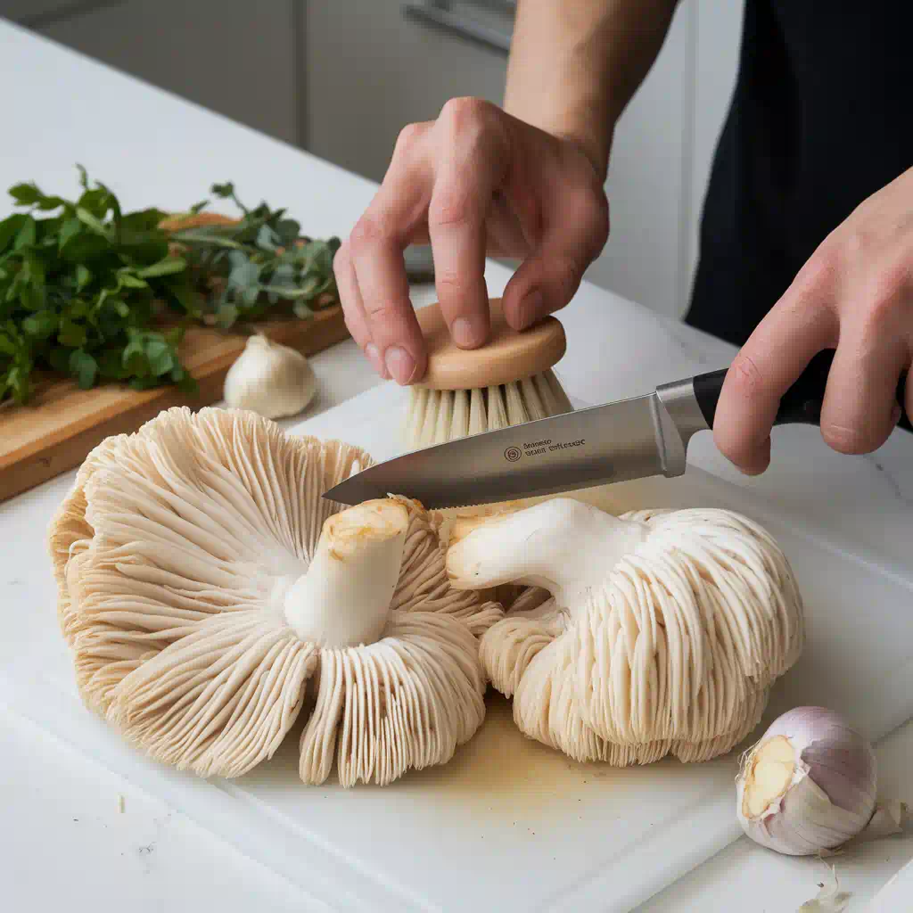 Cleaning and preparing fresh Lion's Mane mushrooms with a soft brush and knife.