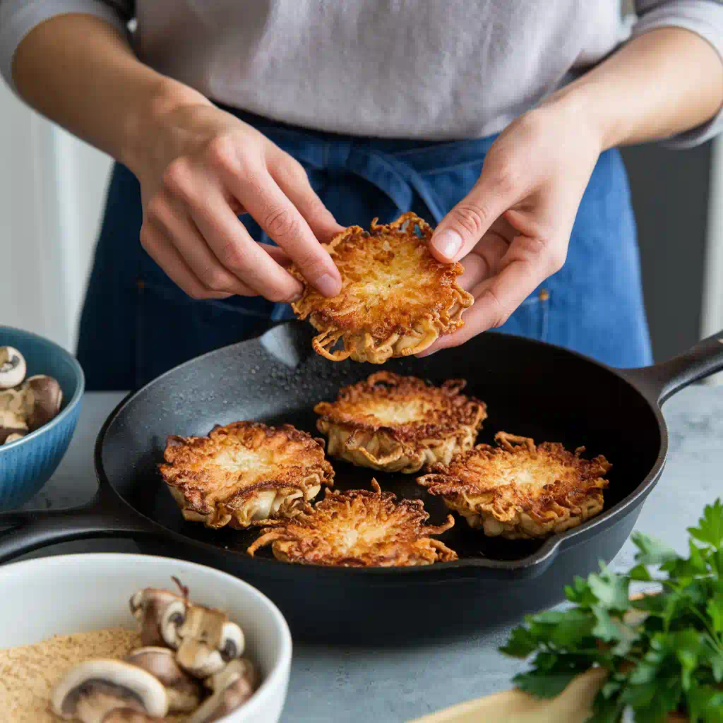 Forming and cooking Lion's Mane mushroom 'crab' cakes in a skillet.