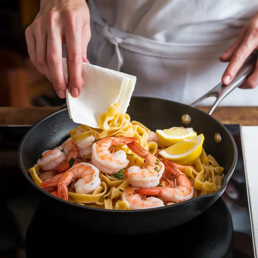 White wine and freshly squeezed lemon juice being poured into the skillet, deglazing the pan with sizzling bubbles.